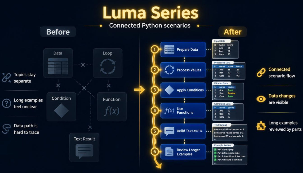 Diagram comparing 'Before' and 'After' scenarios of connected Python scenarios in the Luma Series.