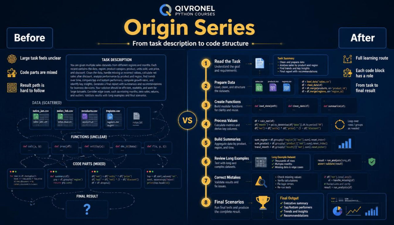 Comparison chart titled 'Origin Series' by Qivronel, showing before and after improvements in a Python course.