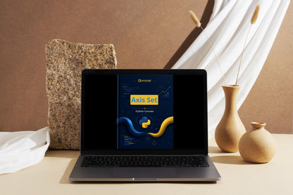 Laptop displaying a software product on a neutral background with decorative elements.
