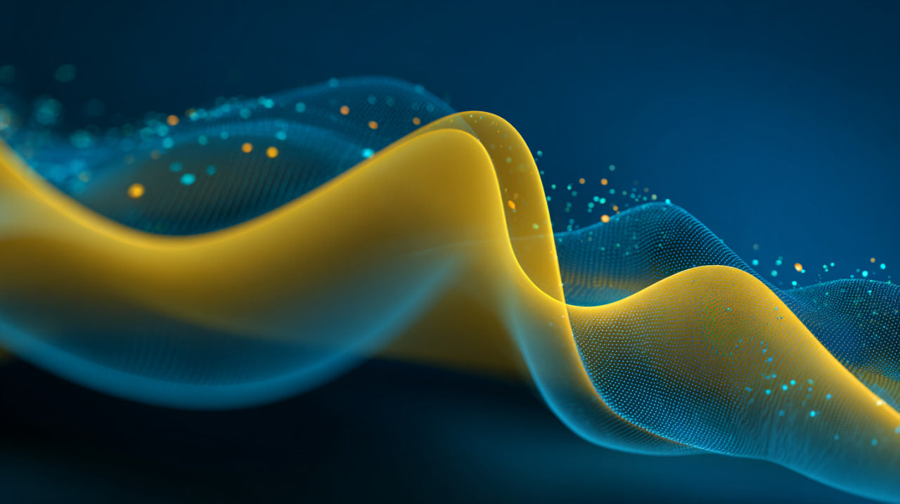 Abstract design of wavy blue and yellow lines on a dark background