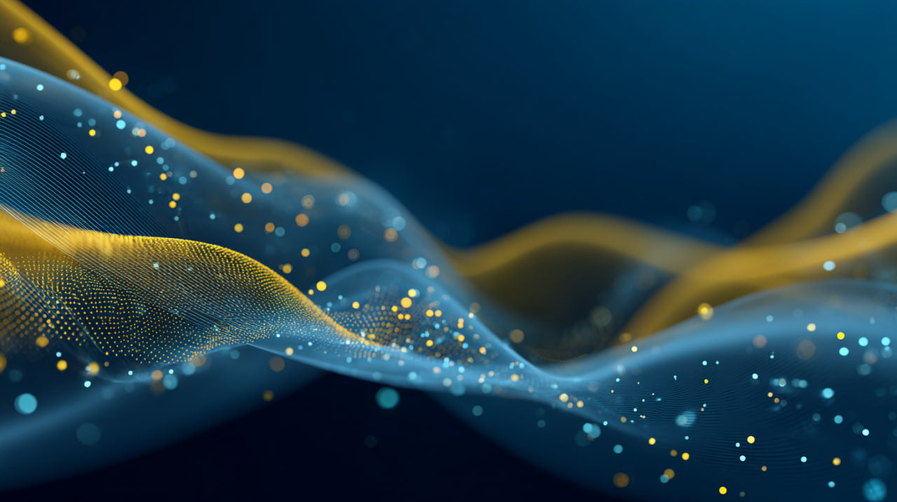 Abstract design of wavy lines with glowing particles on a dark blue background