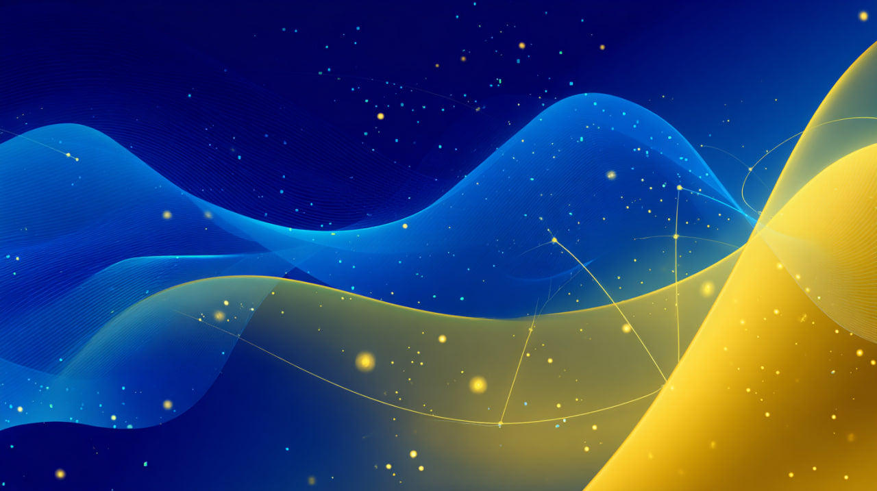 Abstract design with wavy blue and yellow lines on a dark blue background
