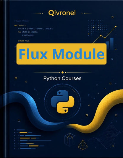 Book cover of 'Flux Module Python Courses' by Qivronel with Python logo on a dark background