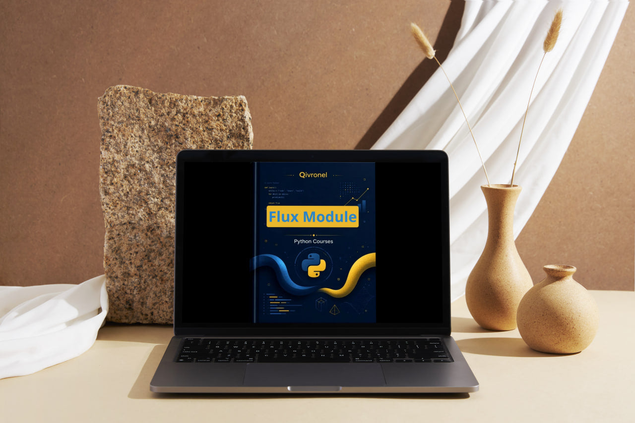 Laptop displaying a software module on a neutral background with decorative elements