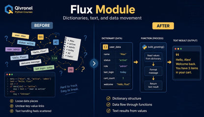 Qivronel Python course slide on Flux Module with before and after diagrams.