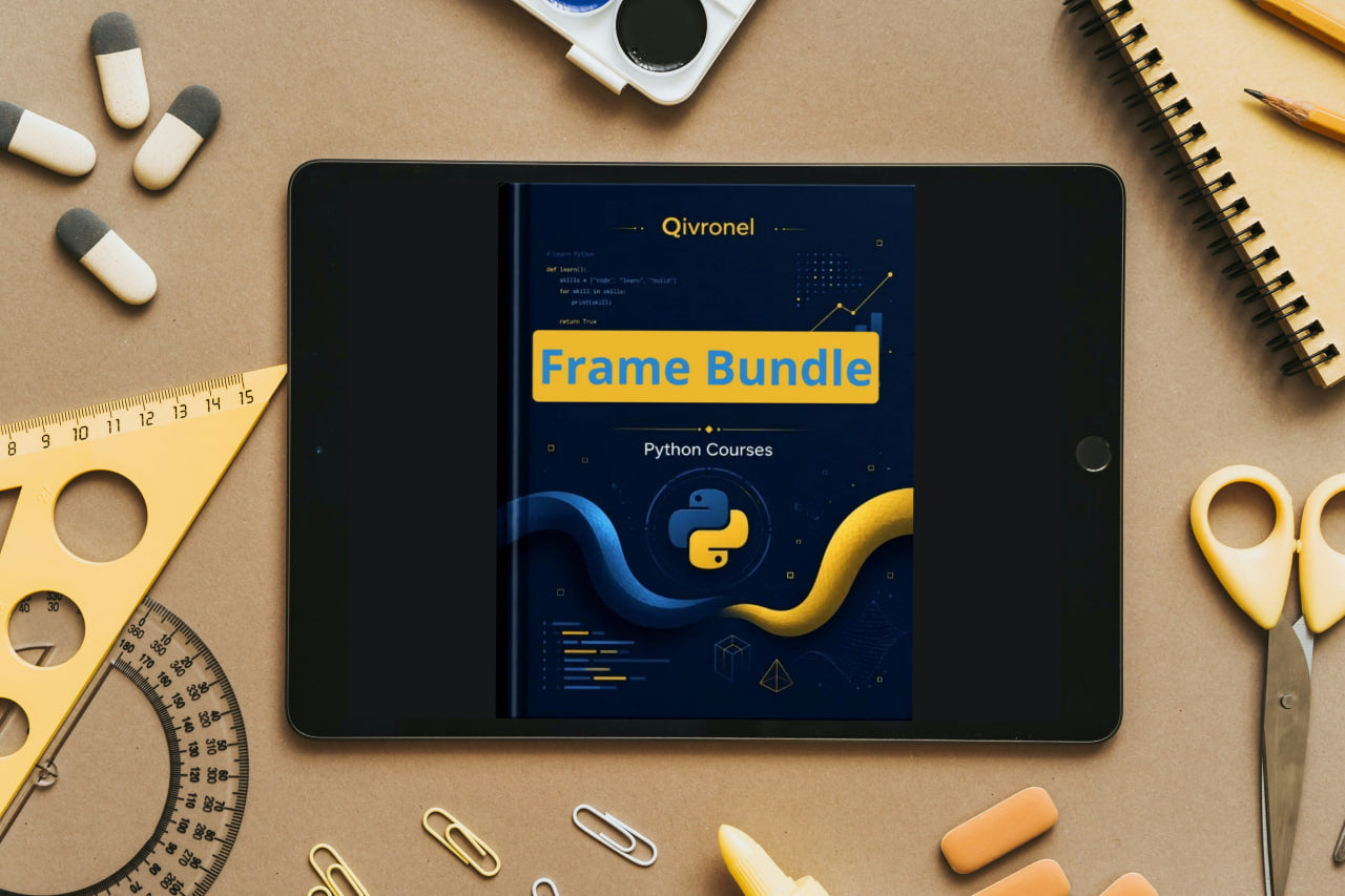 Tablet displaying a Qivonel Python Courses bundle on a desk with stationery items.