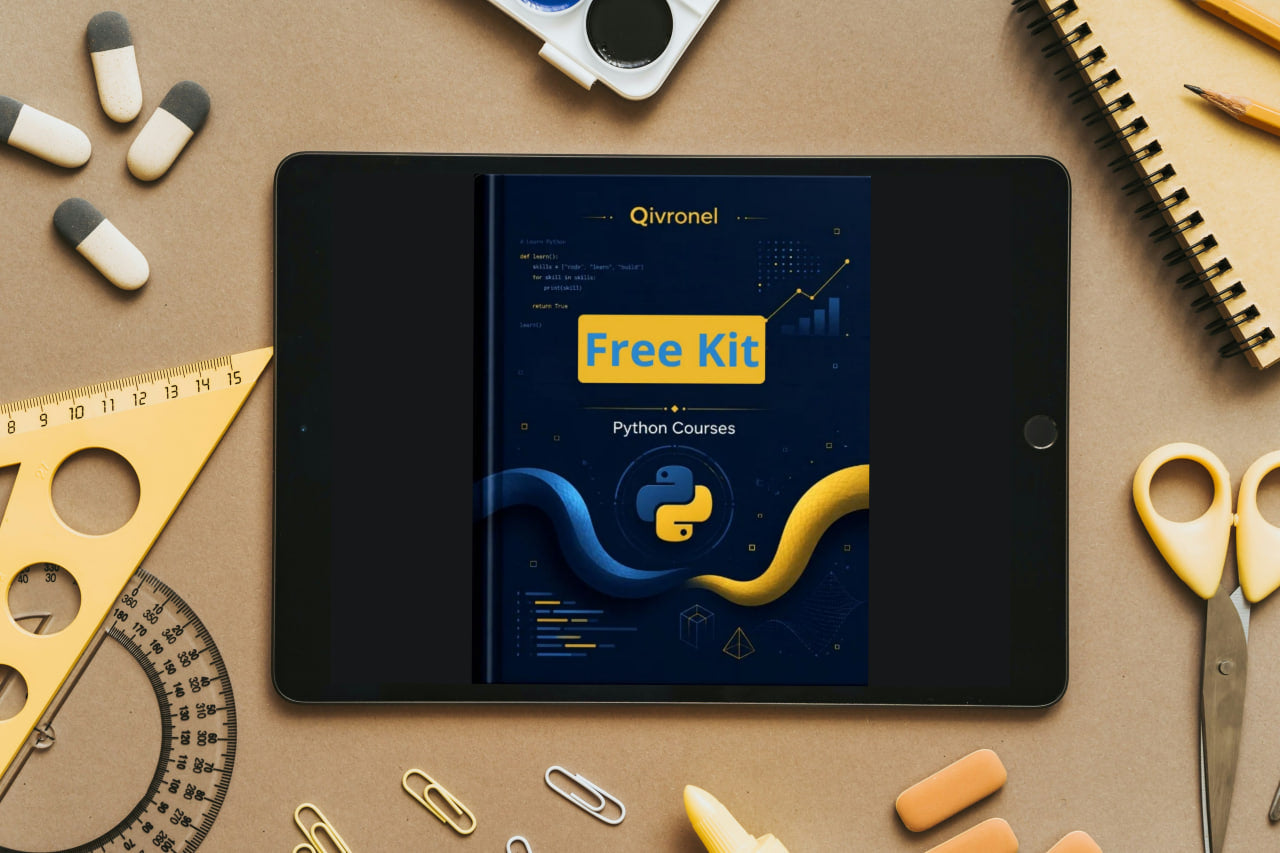 Tablet displaying a Qivonel Python Courses free kit on a desk with stationery items.
