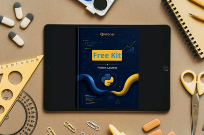 Tablet displaying a Qivonel Python Courses free kit on a desk with stationery items.