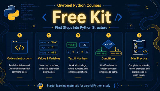 Qivernel Python Courses Free Kit advertisement with Python logo and educational content on a dark background.