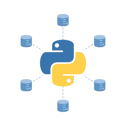 Python logo with data storage icons around it on a white background