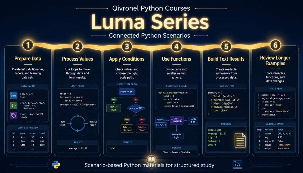 Ovlronel Python Courses Luma Series slide with step-by-step process on a dark background