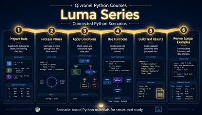 Ovlronel Python Courses Luma Series slide with step-by-step process on a dark background