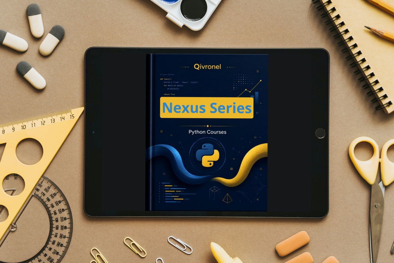 Tablet displaying Qivronel Luma Series Python Courses on a desk with stationery items.