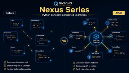 Comparison of Python concepts before and after using Qivrovel Nexus Series course on a dark background.