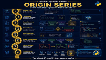 Qivrone Python Courses flowchart with steps from task description to code structure on a dark background.
