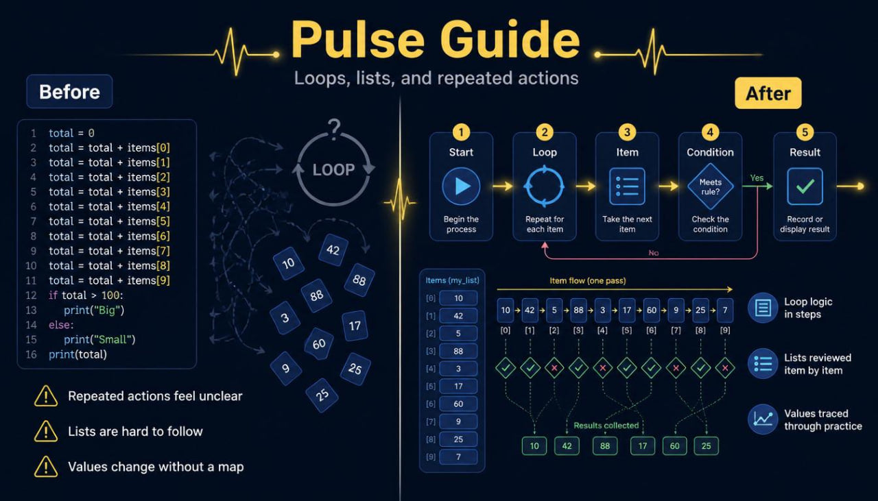 Pulse Guide diagram comparing loops, lists, and repeated actions with clear labels and visual elements.
