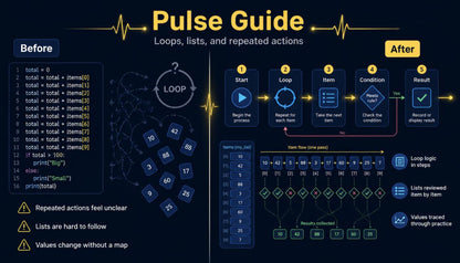 Pulse Guide diagram comparing loops, lists, and repeated actions with clear labels and visual elements.