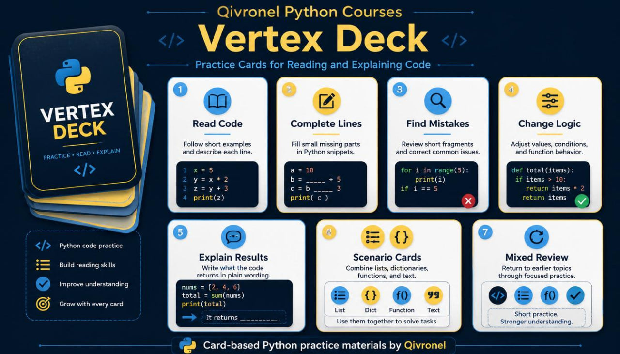 Qivronel Python Courses Vertex Deck with practice cards on a dark background