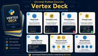 Qivronel Python Courses Vertex Deck with practice cards on a dark background